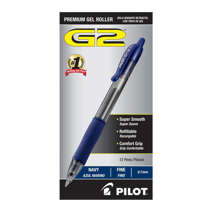 Pilot G2 Premium Retractable Gel Ink Rolling Ball Pens, Fine Point, Navy Blue Ink, Pack of 12