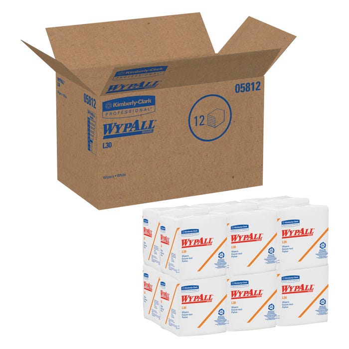 WYPALL L30 Light Duty Cleanup Wiper, 12-1/2 X 13 Inches, White, Case of 12