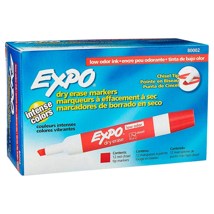 EXPO Low Odor Dry Erase Markers, Chisel Tip, Red, Pack of 12