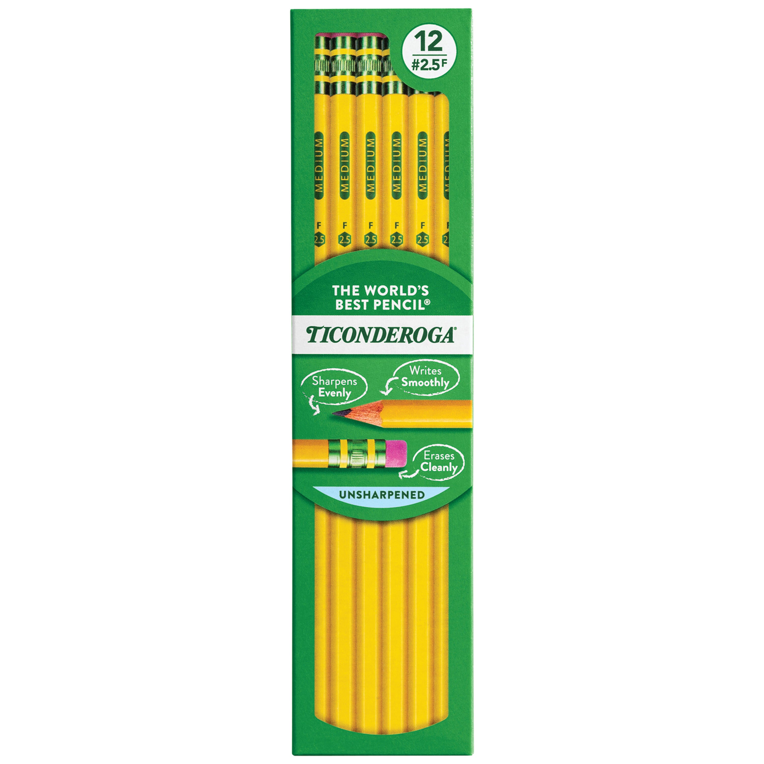 Ticonderoga Unsharpened Pencils, No 2.5 Medium Tips, Yellow, Pack of 12 017652