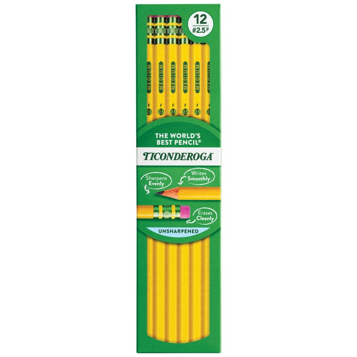 Ticonderoga Classic Wood-Cased Pencils, No 2.5 F, Unsharpened, Yellow, Pack of 12
