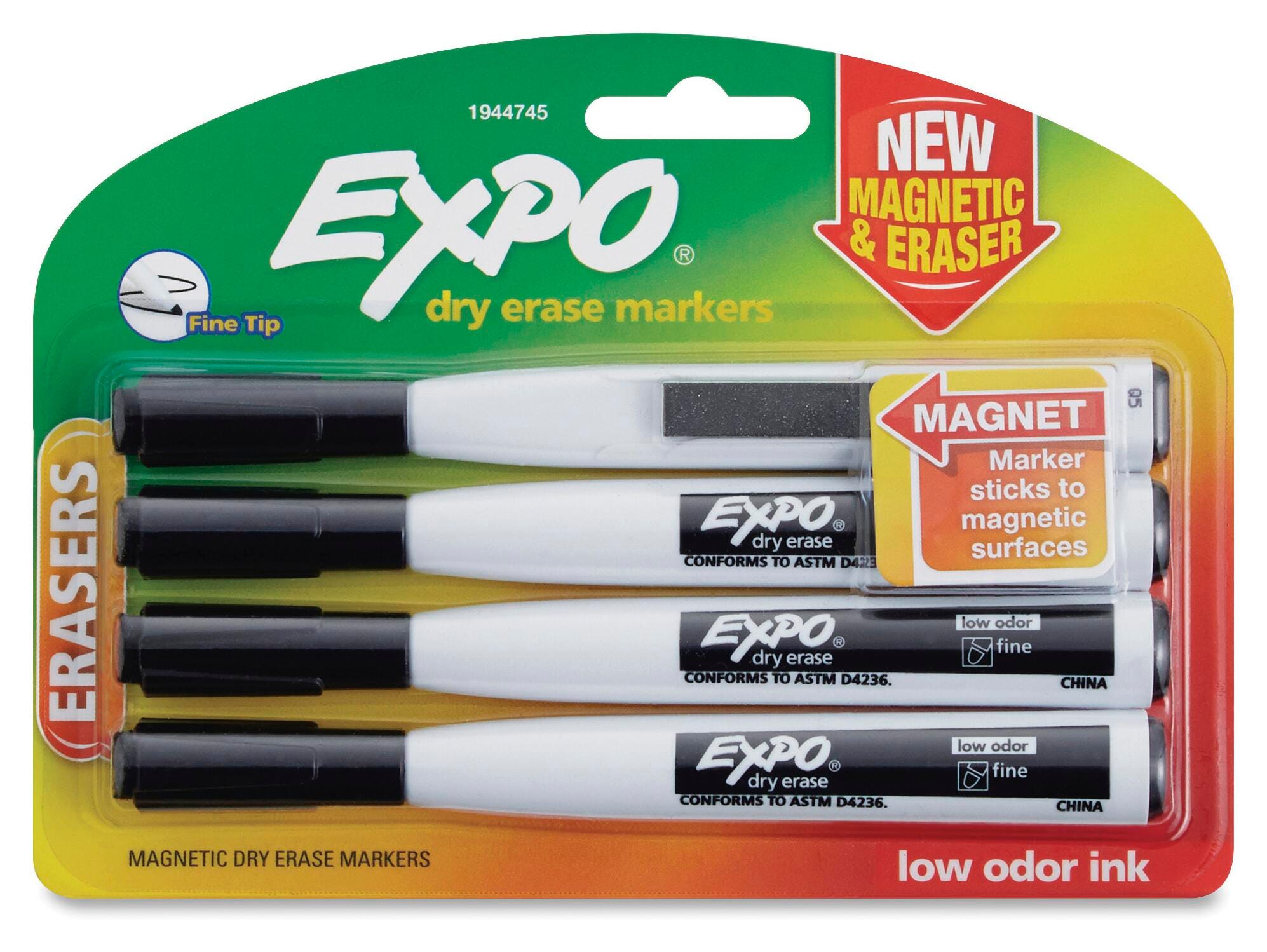EXPO Magnetic Dry Erase Markers with Erasers, Fine Tip, Black, Set of 4 1570267
