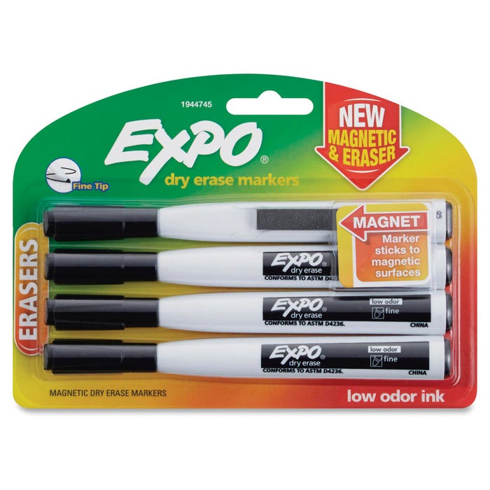 EXPO Magnetic Dry Erase Markers with Erasers, Fine Tip, Black, Set of 4