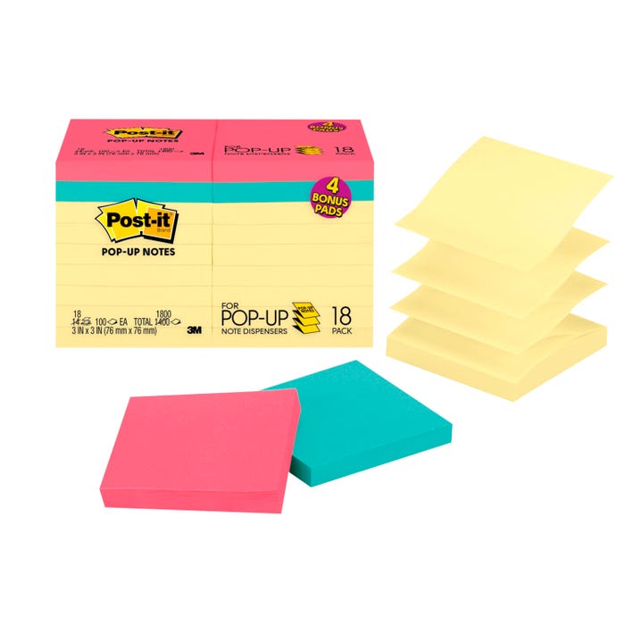 Post-it Pop-Up Original Notes Value Pack, 3 x 3 Inches, Assorted Colors, Pad of 100 Sheets, Pack of 18