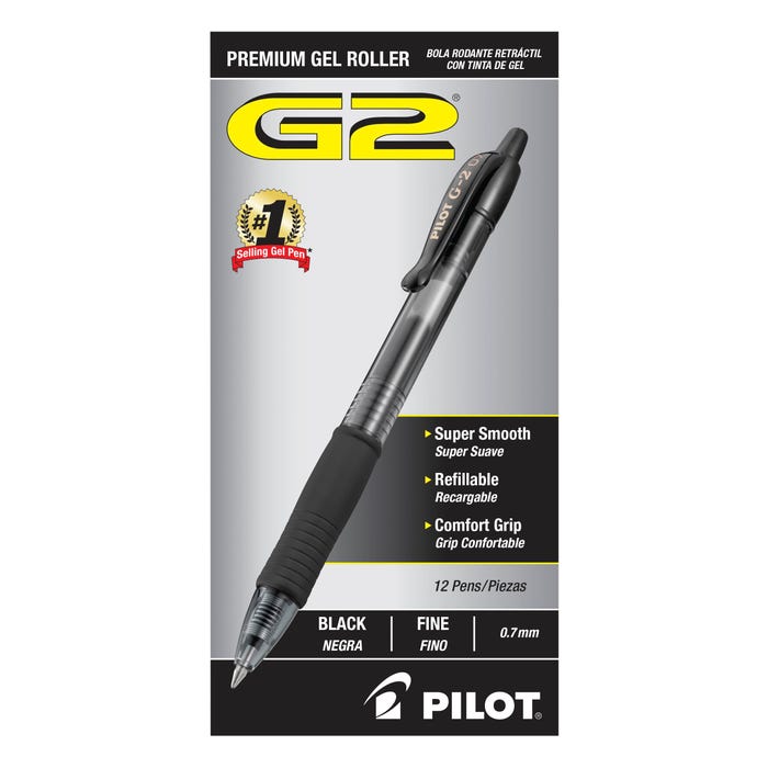 Pilot G2 Premium Retractable Gel Ink Rolling Ball Pen, Fine Point, Black Ink, Pack of 12
