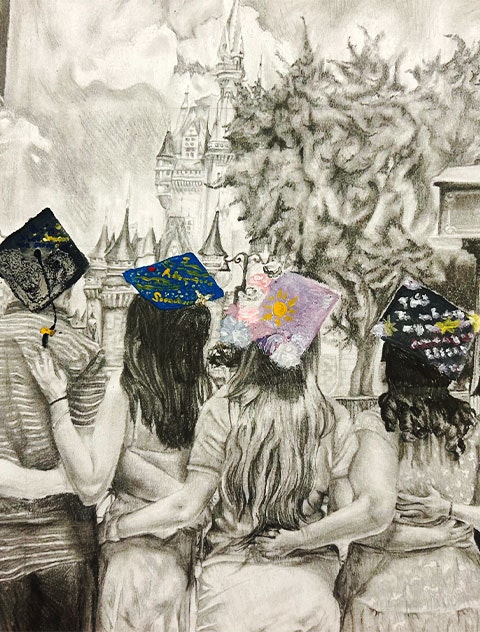 Black and white graphite drawing of students hugging during a graduation ceremony.