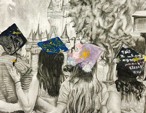 Black and white graphite drawing of students hugging during a graduation ceremony.