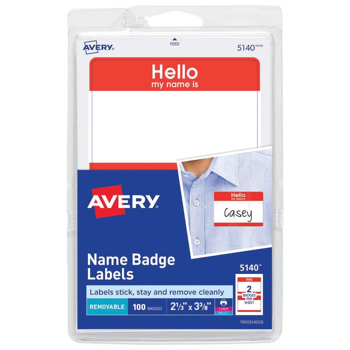 Avery Hello, My Name Is Adhesive Name Badges, 2-1/3 x 3-3/8 Inches, Red Border, Pack of 100