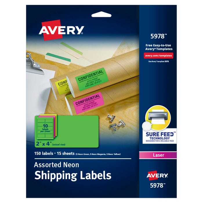 Avery Permanent Laser Labels, 2 x 4 Inches, Assorted Neon, Pack of 150