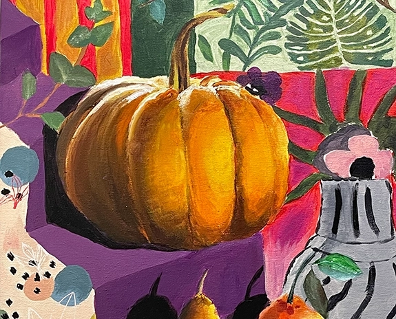 Acrylic drawing of a pumpkin with an abstract background.