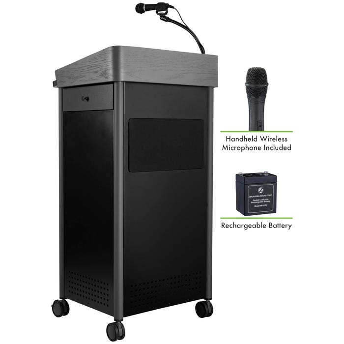 Oklahoma Sound Greystone Lectern with Sound, Rechargeable Battery and Wireless Handheld Mic, 23-1/2 x 19-1/4 x 45-1/2 Inches