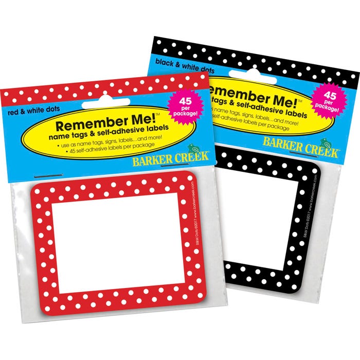Barker Creek Dots Jumbo Name Tag Set, Self-Adhesive, 2 Designs, 3-1/2 x 2-3/4 Inches, 90 Pieces