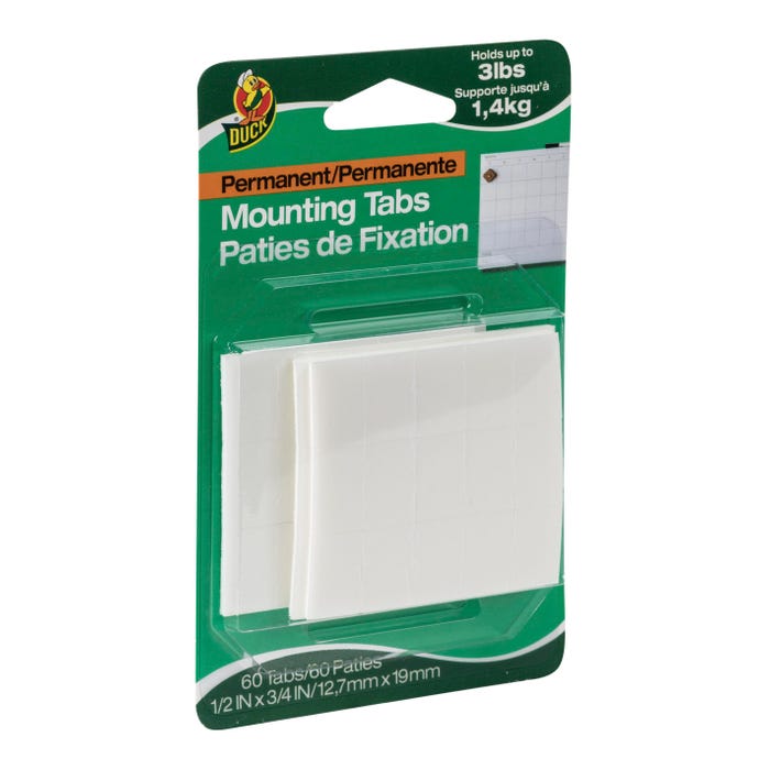 Duck Brand Permanent Mounting Tabs, 1/2 Inch x 3/4 Inches, White, Pack of 60