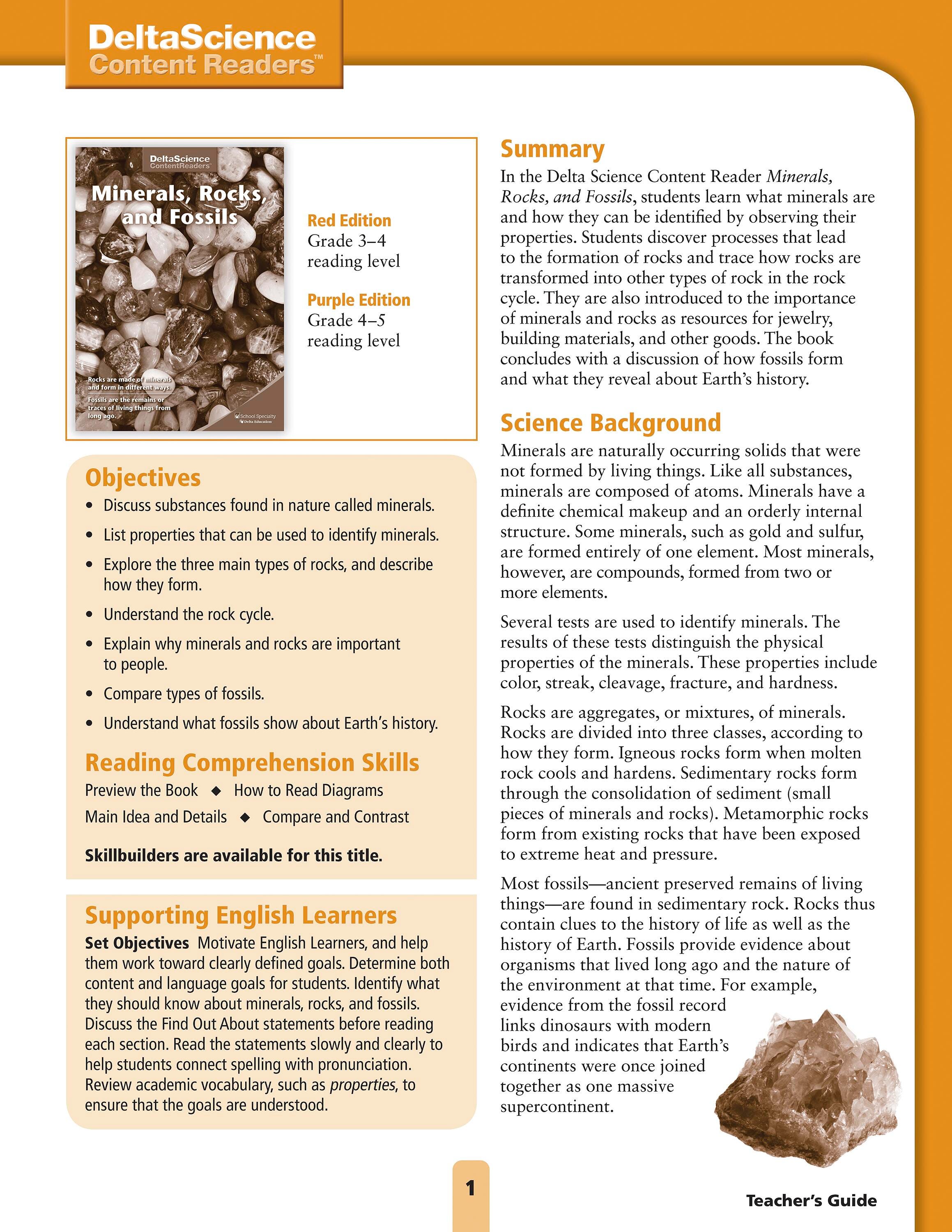 Delta Science Content Readers Minerals, Rocks and Fossils Red and Purple Teacher's Guide, Item Number 1278158