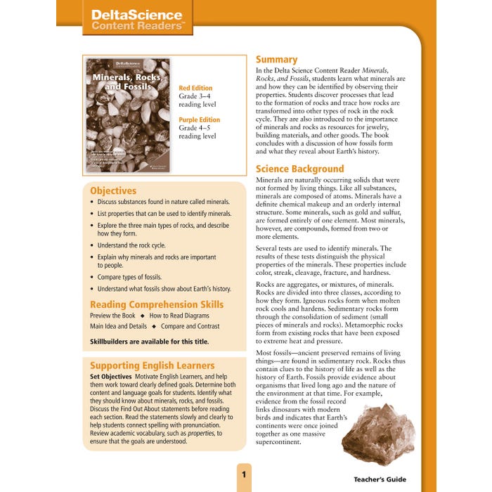 Delta Science Content Readers Minerals, Rocks and Fossils Red and Purple Teacher's Guide