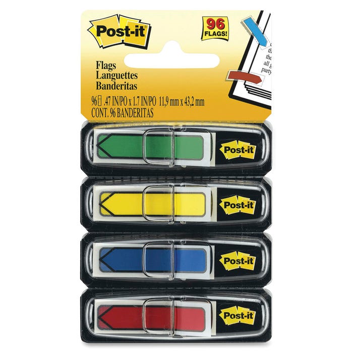Post-it Arrow Flags, 1/2 x 1-7/10 Inches, Assorted Primary Colors, Pack of 96