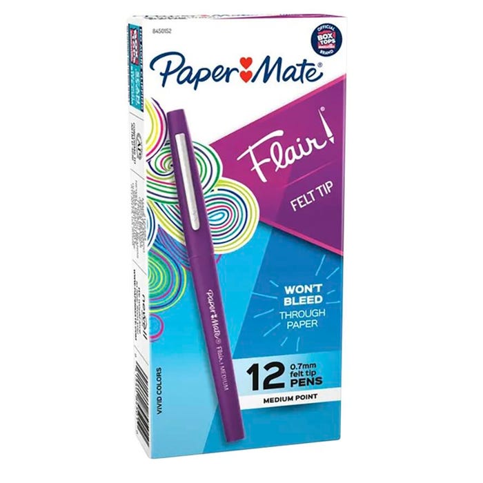 Paper Mate Flair Felt Tip Pens, Medium Point, 0.7 mm, Purple, Pack of 12