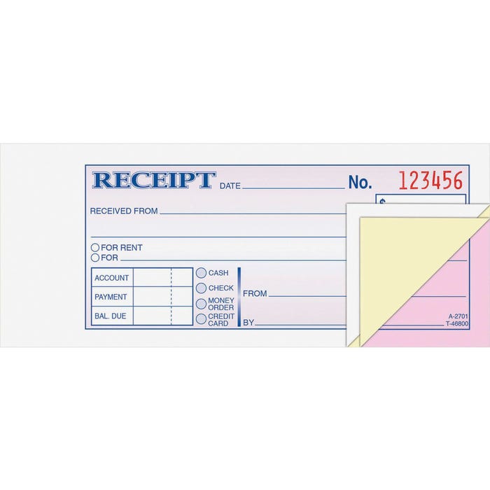 Adam 3 Parts Carbonless Tapebound Triplicate Money/Rent Receipt Book, 2-3/4 X 5-3/8 in, Multiple Color, 50 Sets/Bk