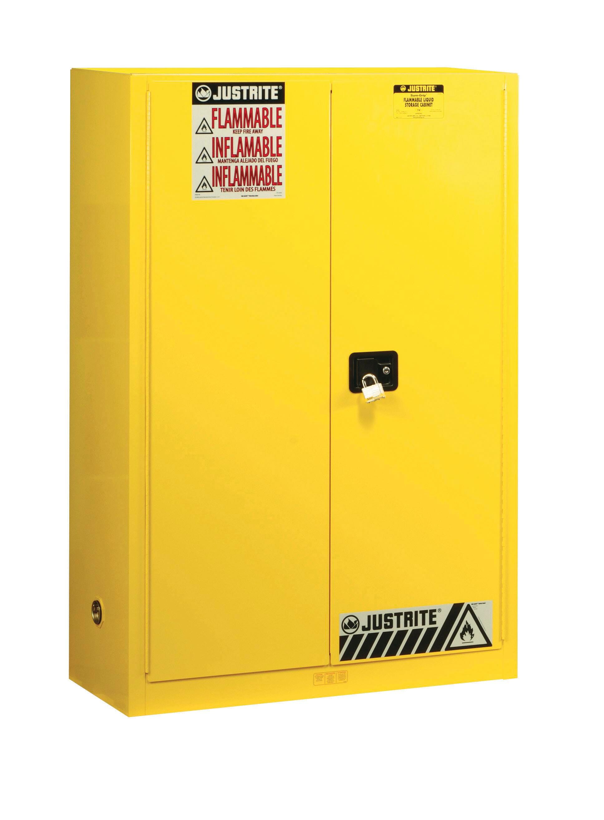 Justrite Sure-Grip EX Free Standing Flammables Storage Cabinet, 43 x 18 x 65 Inches, 45 Gallon, Yellow 601004