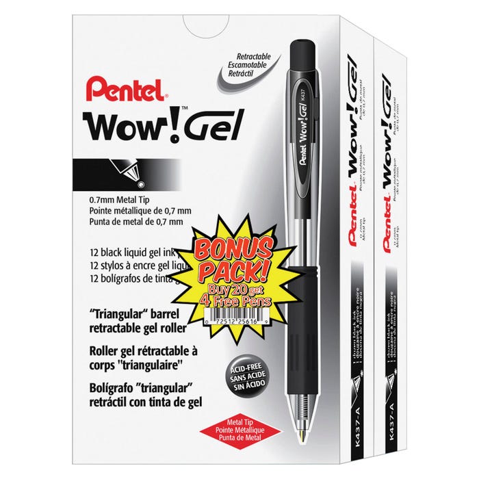 Wow! Gel Retractable Gel Pen, (0.7mm) Medium Line, Black Ink Bonus Pack Buy 20, Get 4 more FREE