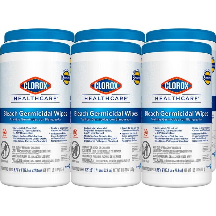 Clorox Healthcare Germicidal Wipes with Bleach, 6 Canisters, Case of 420 Wipes