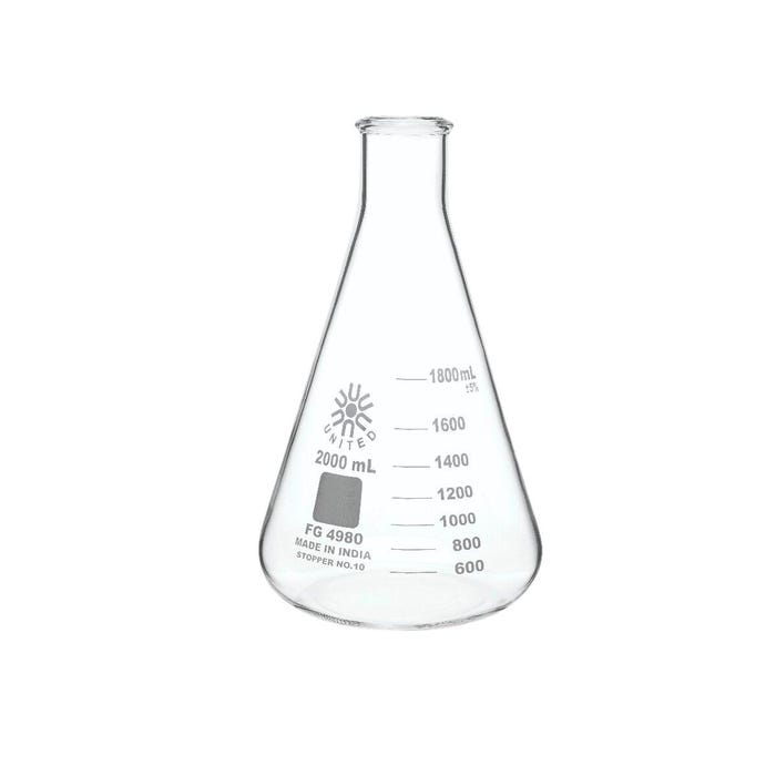 United Scientific Narrow Mouth Erlenmeyer Flask, Borosilicate Glass, 2000 Milliliters