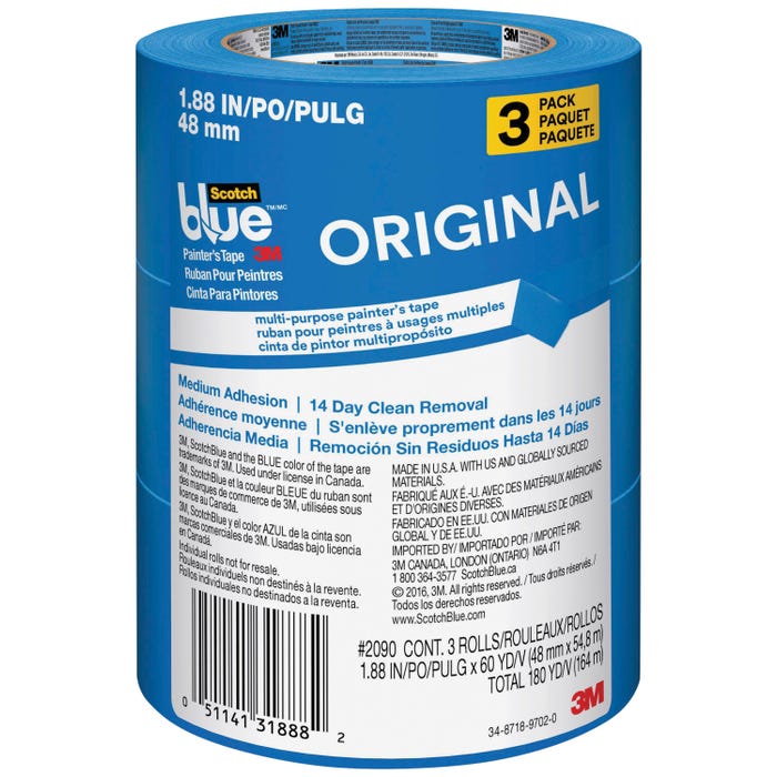 ScotchBlue 2090 Original Multi-Use Painter's Tape, 1.88 Inch x 60 Yards, Pack of 3