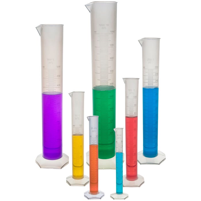 Eisco Polypropylene Graduated Cylinder Set of 7, Octagonal Base, 10,25,50,100,250,500, 1000mL