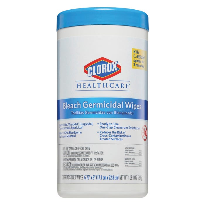 Clorox Pre-Moistened Germicidal Wipe, 9 x 6-3/4 Inches, White, Pack of 70