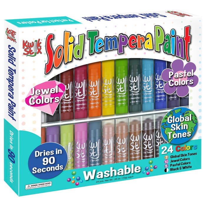 Kwik Stix Tempera Paint, Assorted Primary and Global Skin Tone Colors, Pack of 24
