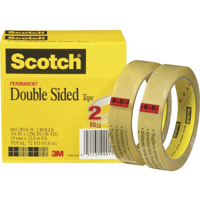 Scotch Double Sided Photo-Safe Permanent Self-Adhesive Office Tape with 3 in Core, 3/4 x 1296 in, Clear