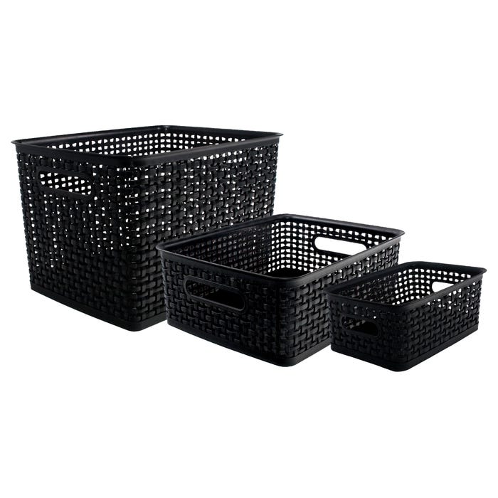 Advantus Plastic Weave Bins, Assorted Sizes, Black, Set of 3