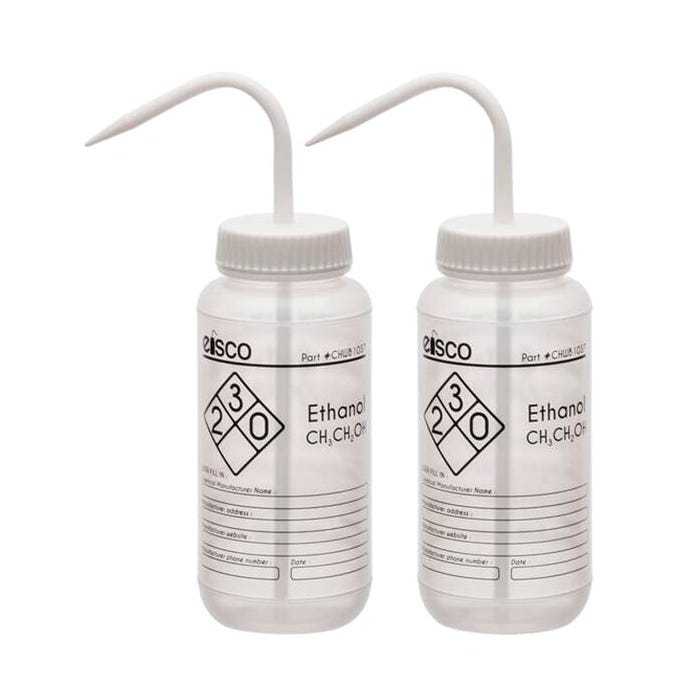 Eisco Labs 2PK Ethanol Wash Bottle, 500ml, Wide Mouth, Pre-Labeled, LDPE