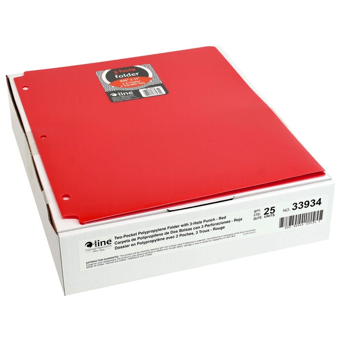 C-Line 2-Pocket Poly Folder, 3 Hole Punched, Red, Pack of 25