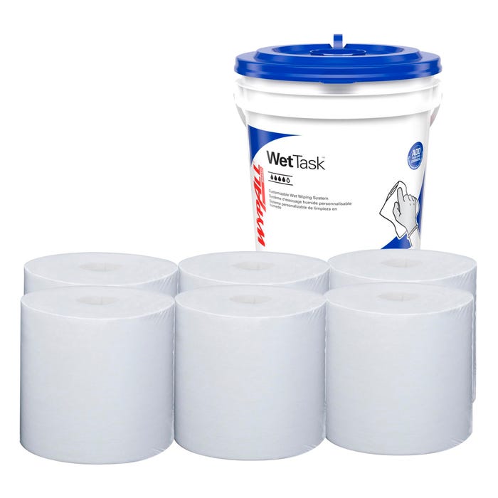 WypAll Critical Clean WetTask Wipers for Bleach, Disinfectants and Sanitizers, Pack of 6 Rolls with 1 Bucket