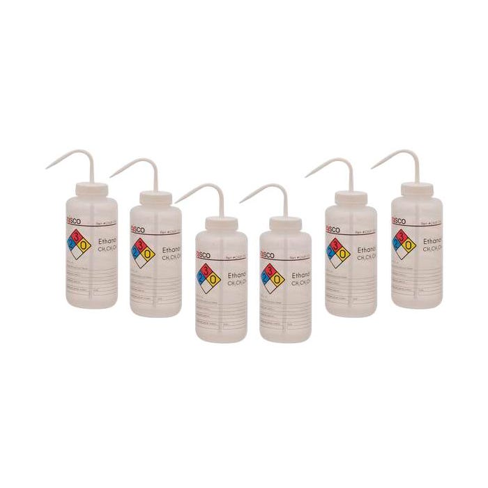 Eisco Labs Ethanol Wash Bottle, 1000mL, Wide Mouth, Pre-Labeled, LDPE (4 color), Pack of 6