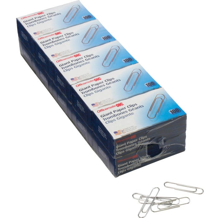 Officemate Steel Standard Paper Clip, Giant, Silver, 10 Packs with 100 Each