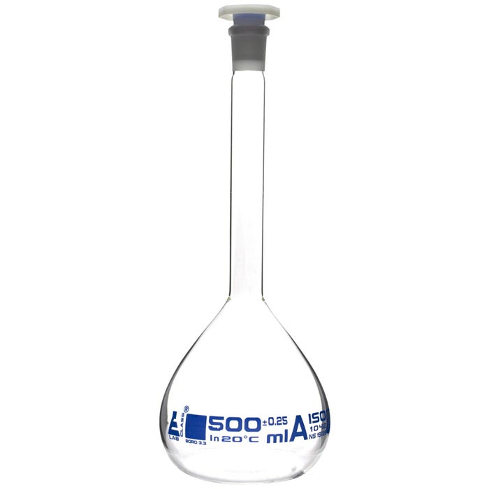 Eisco Labs Volumetric Flask, Glass with Polypropylene Stopper, Class A, 500ml