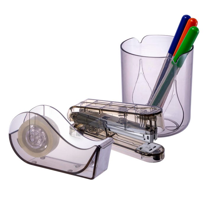 Officemate Recycled Stapler, Cup & Tape Dispenser Organizers, Translucent Gray, Set of 3