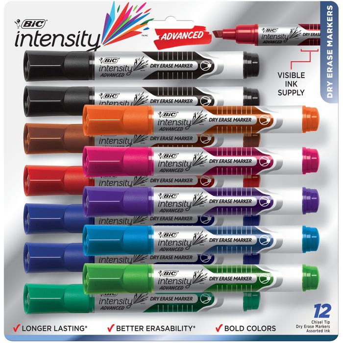 BIC Intensity Advanced Dry Erase Markers, Chisel Tip, Assorted Colors, Set of 12
