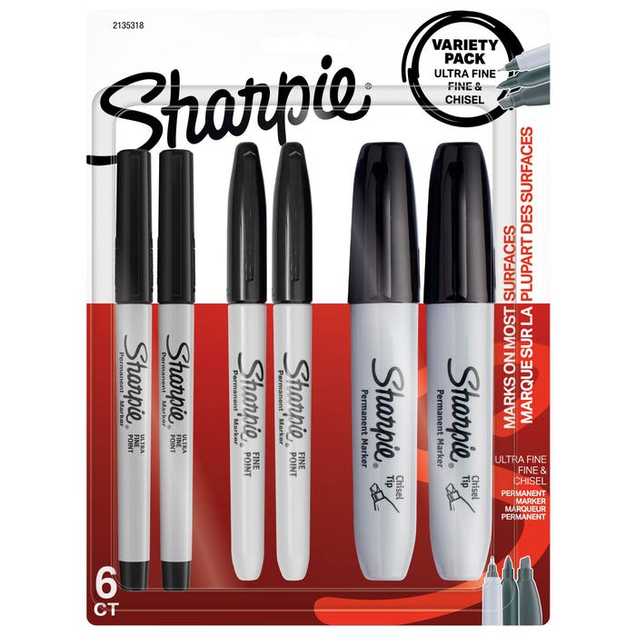 Sharpie Permanent Markers, Assorted Tips, Black, Set of 6