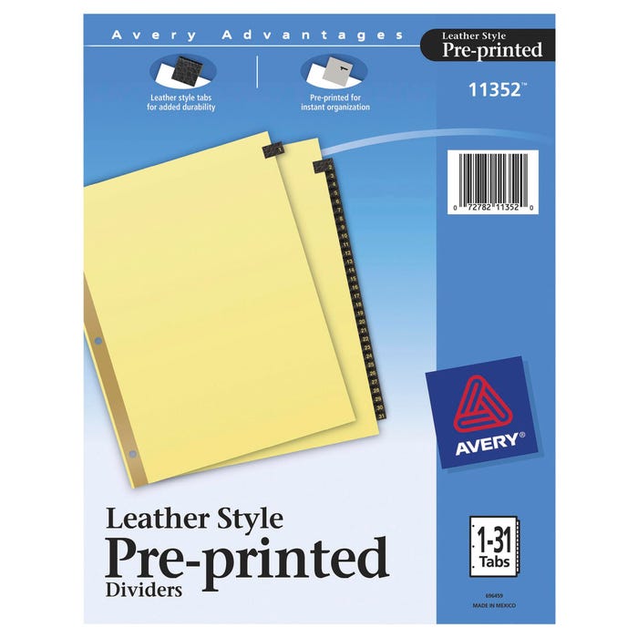 Avery 11352 Black Leather Preprinted Tab Dividers, 1 to 31, 8-1/2 x 11 Inches