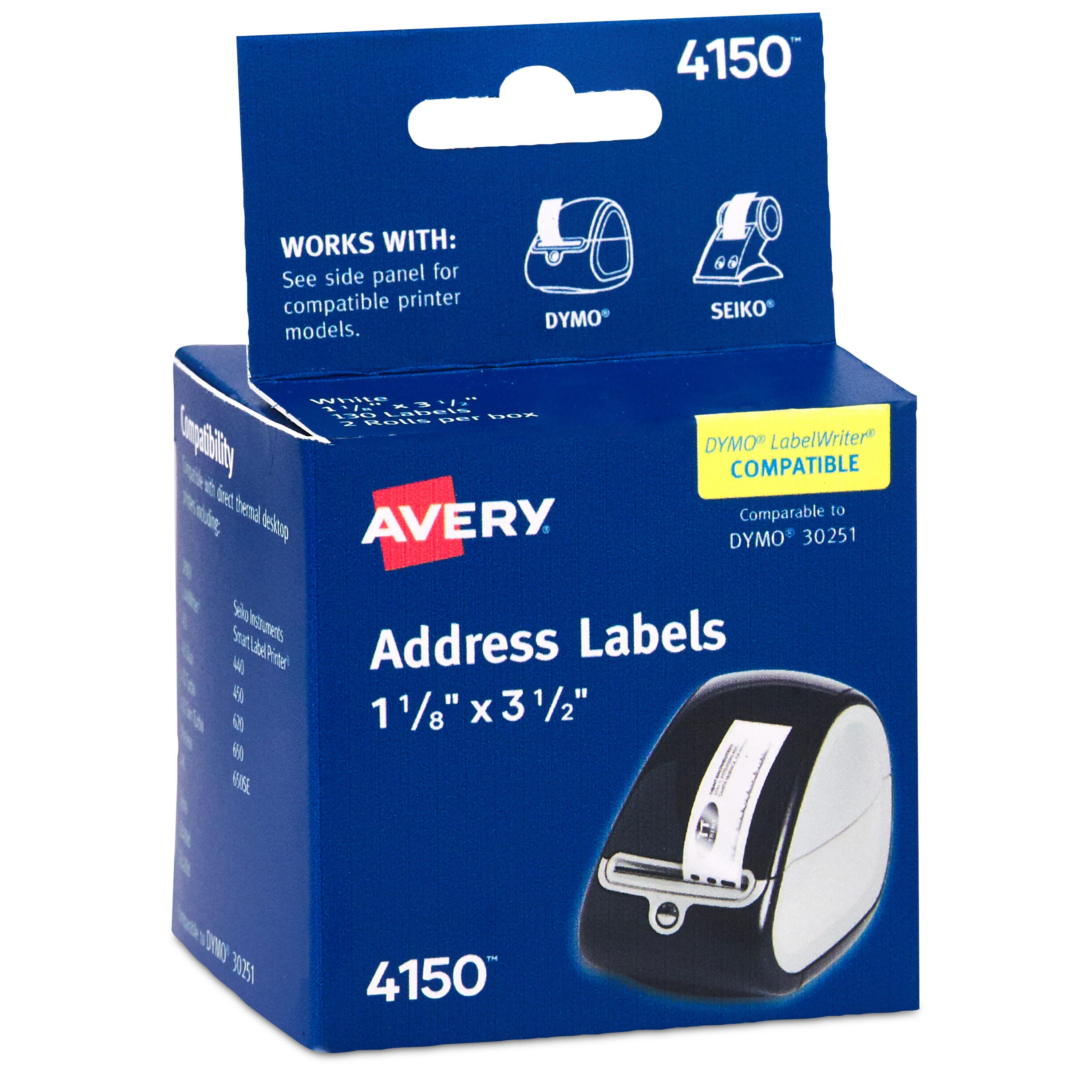 Avery Thermal Printer Address Labels, 1-1/8 x 3-1/2 Inches, White, 130 Labels/Roll, Pack of 2 1308252