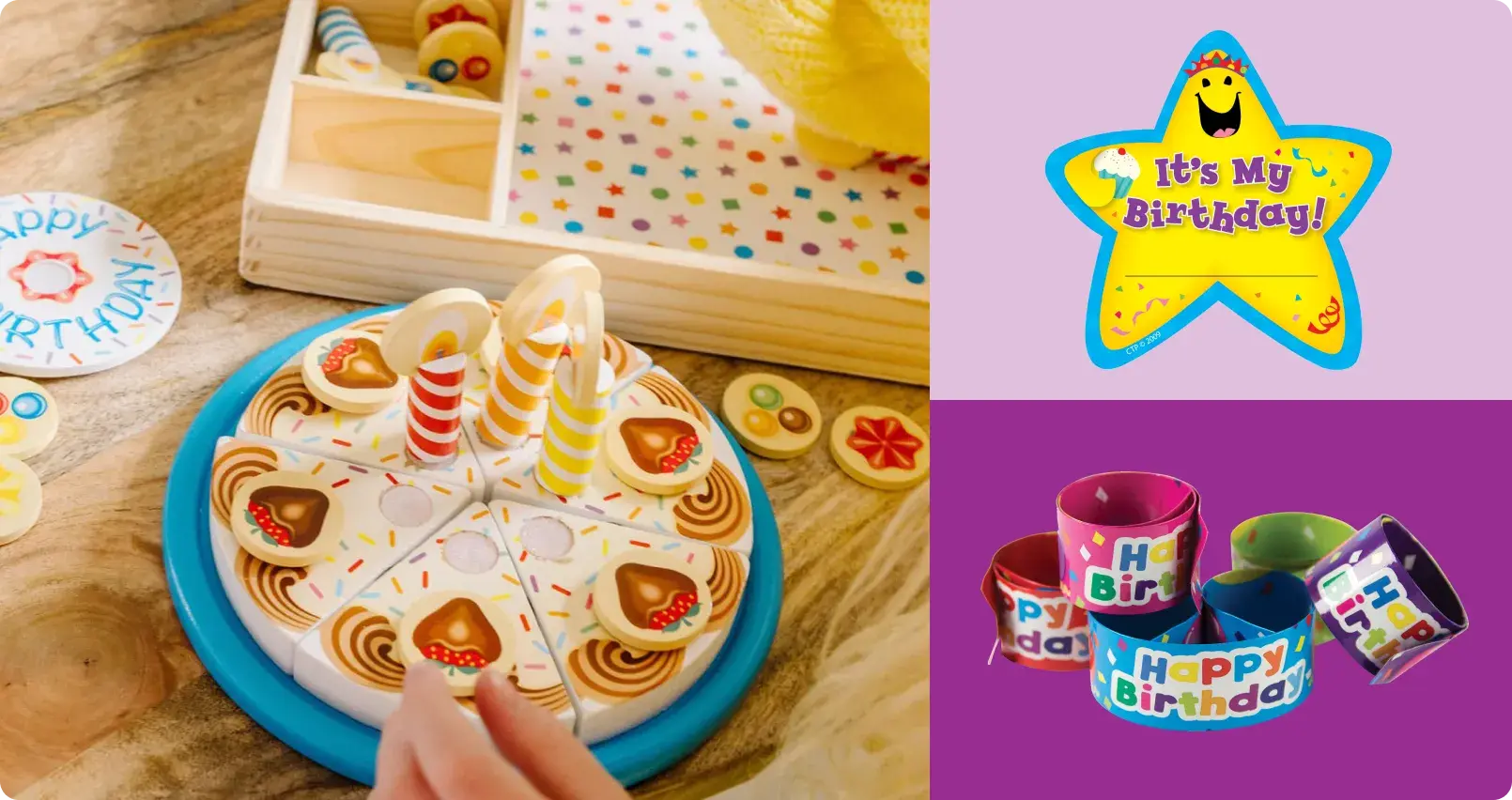 Children's pretend play birthday cake toy with removable slices and candles, wooden play food set, yellow star-shaped 'It's My Birthday' badge, and colorful Happy Birthday party cups for imaginative play