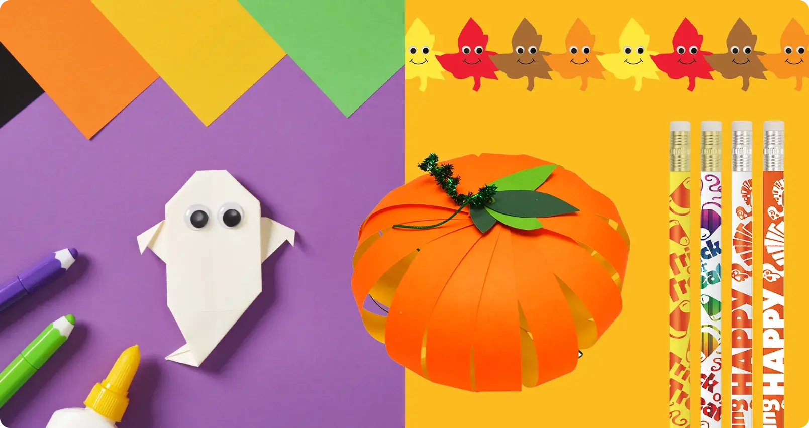 Fall autumn classroom decorations with colorful construction paper, white paper ghost craft with googly eyes, 3D orange paper pumpkin with green leaves, smiling leaf garland border, and educational pencils for seasonal learning activities