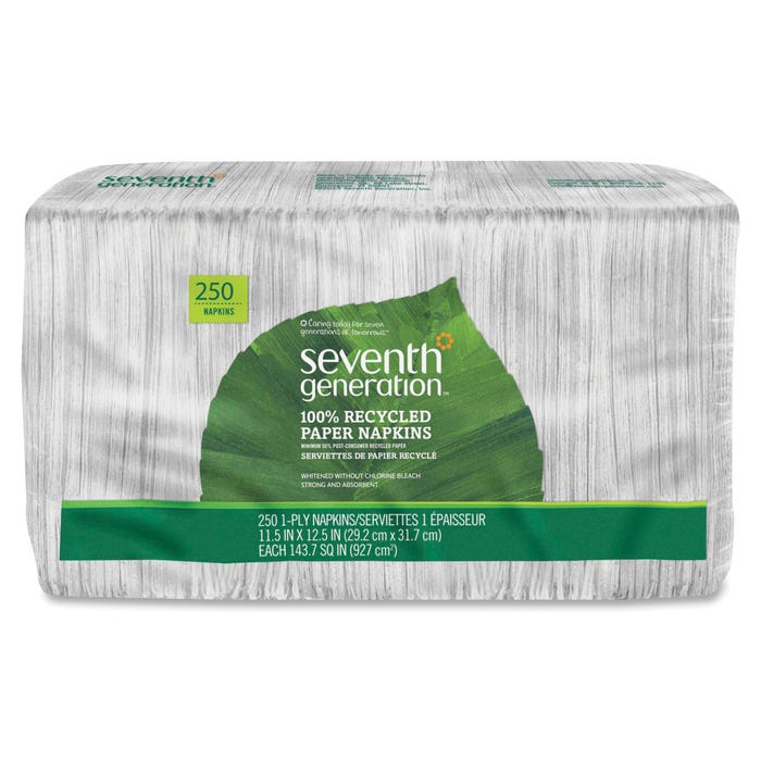 Seventh Generation Recycled Napkin, 12-1/2 L x 11-1/2 W in, 1-Ply, Paper, White, Pack of 250