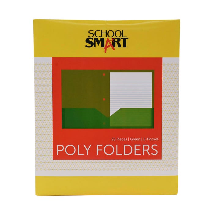 School Smart Two-Pocket Poly Folder, Letter Size, 3-Hole Punched, Green, Pack of 25