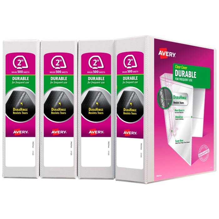 Avery Durable View Binder, 2 Inch, Slant Rings, White, Pack of 4