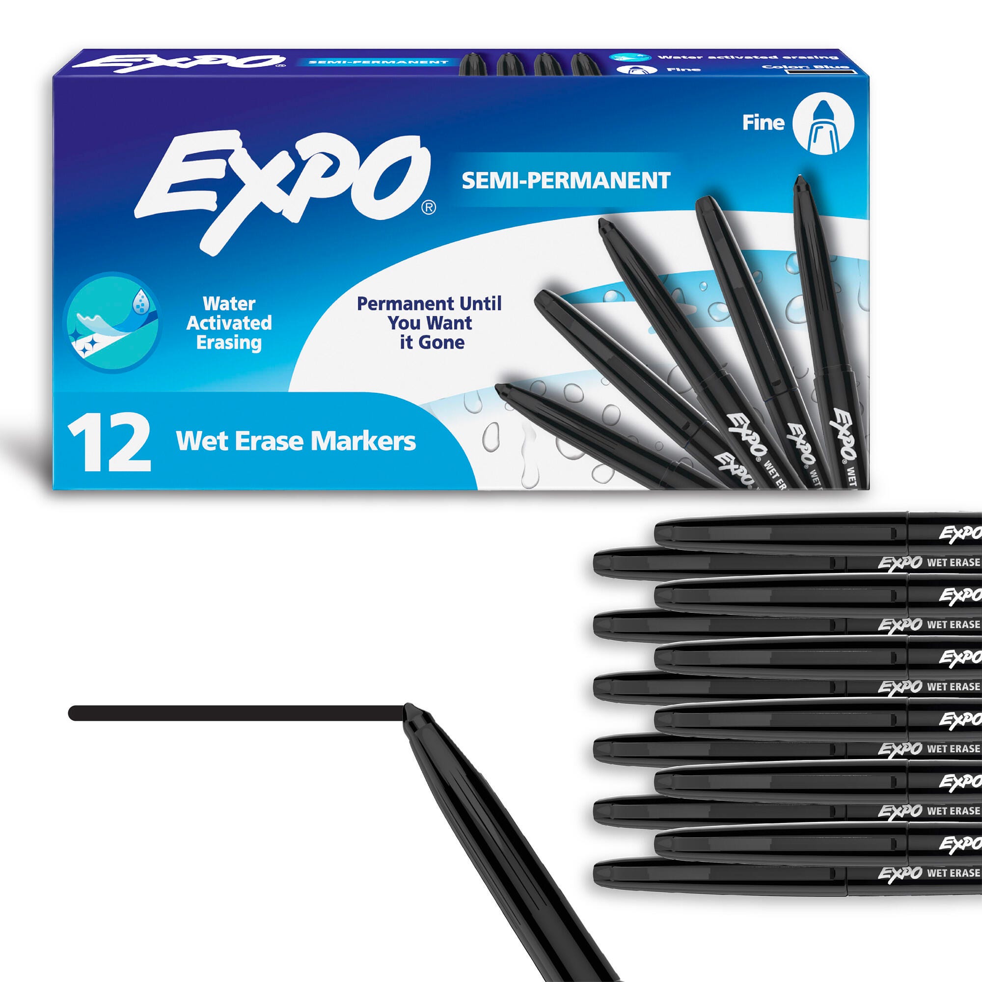 EXPO Wet Erase Semi-Permanent Markers, Fine Point, Black, Pack of 12 2154391