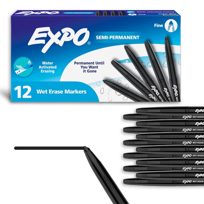 EXPO Wet Erase Semi-Permanent Markers, Fine Point, Black, Pack of 12